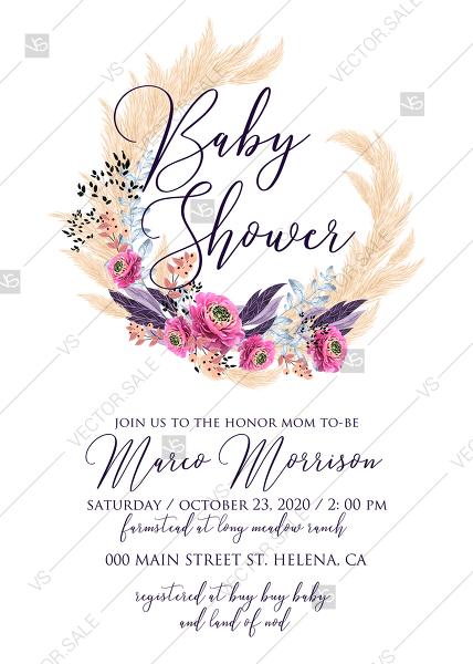 Hochzeit - Pampas grass baby shower wedding invitation set pink peony flower pdf custom online editor 5x7 in