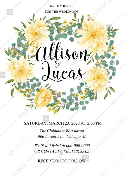زفاف - Wedding invitation dahlia yellow chrysanthemum flower eucalyptus card PDF template 5x7 in edit online