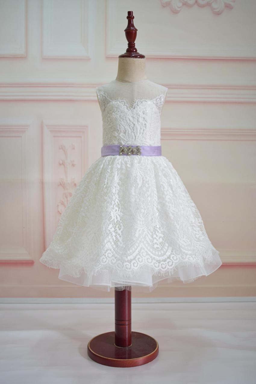 Wedding - Ivory Lace Flower Girl Dress with Lavender Sash