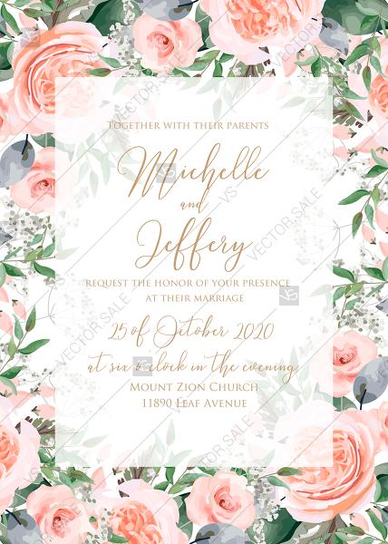 زفاف - Wedding invitation peach rose watercolor greenery fern wedding invitation PDF 5x7 in online editor