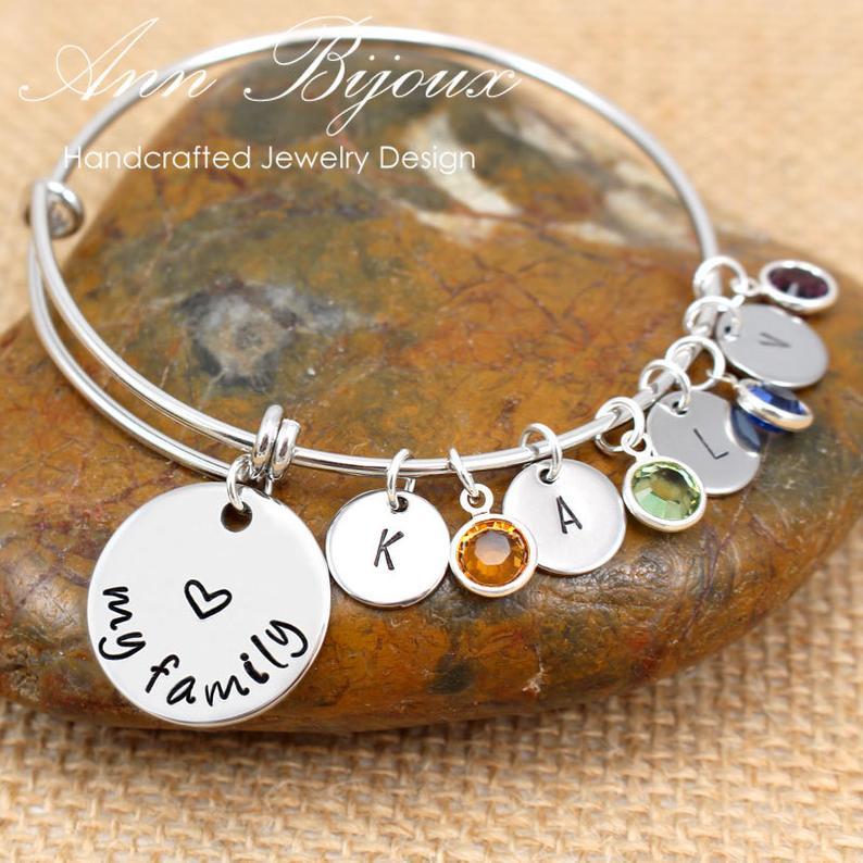 Hochzeit - Hand Stamped Love My Family Bracelet , Personalized Initial bangle Bracelet, Mother Bracelet, Family Initial Bracelet, Grandma Bracelet,N153