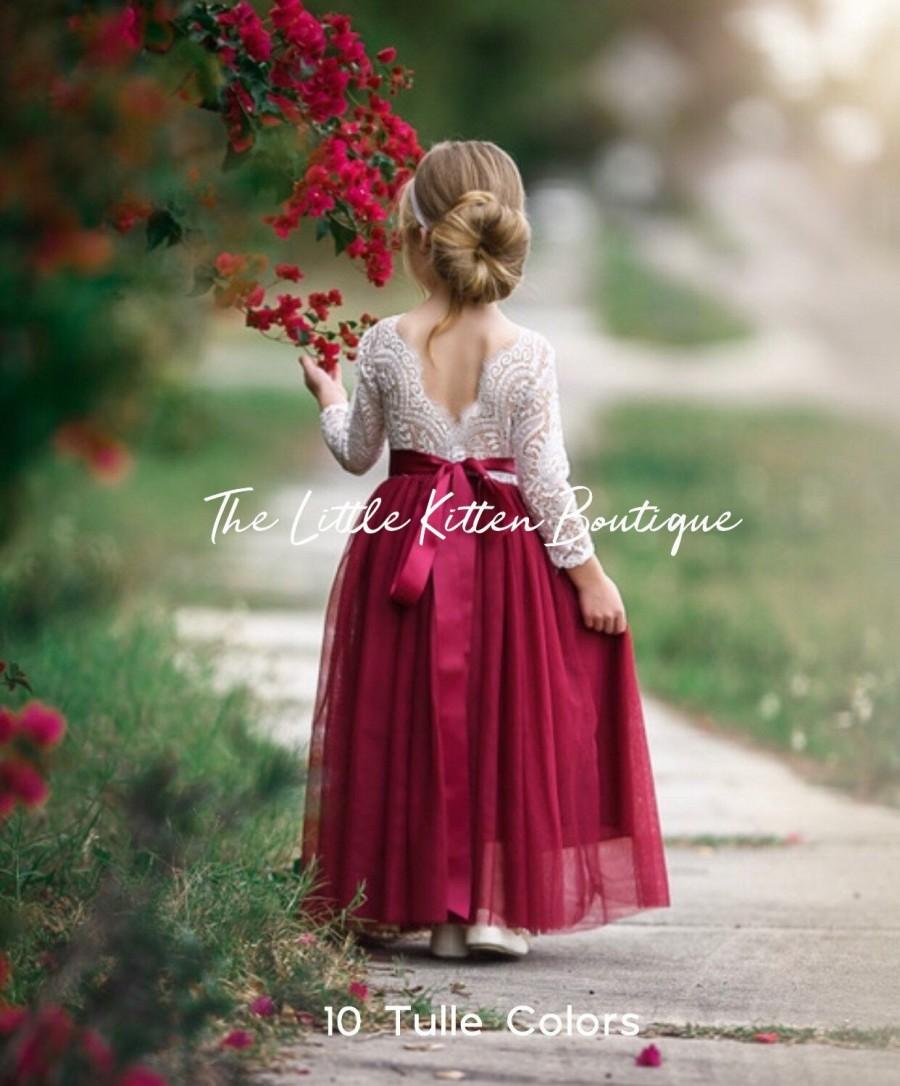زفاف - Long sleeve flower girl dress, lace flower girl dress, Rustic flower girl dress, Ivory Boho flower girl dress, Dusty Rose Flower Girl Dress