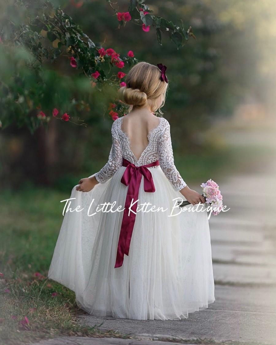 Wedding - Long sleeve flower girl dress, boho girls birthday dress, rustic lace flower girl dress, tulle flower girl dress, ivory flower girl dress