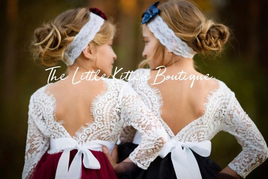 Hochzeit - Long Sleeve flower girl dress, White lace flower girl dress, Rustic flower girl dress, Ivory Boho flower girl dress, tulle flower girl dress
