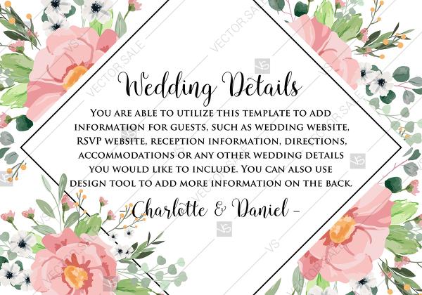 Hochzeit - Details card blush pink anemone greenery eucalyptus wedding invitation PDF 5x3.5 in online editor wedding invitation maker