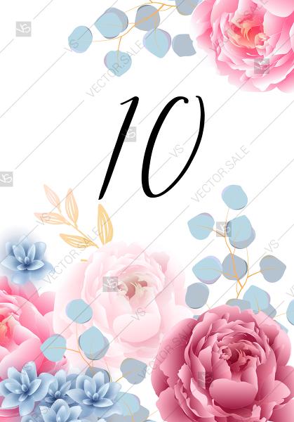 Mariage - Table card pink marsala red Peony wedding invitation anemone eucalyptus hydrangea PDF 3.5x5 in Customize online