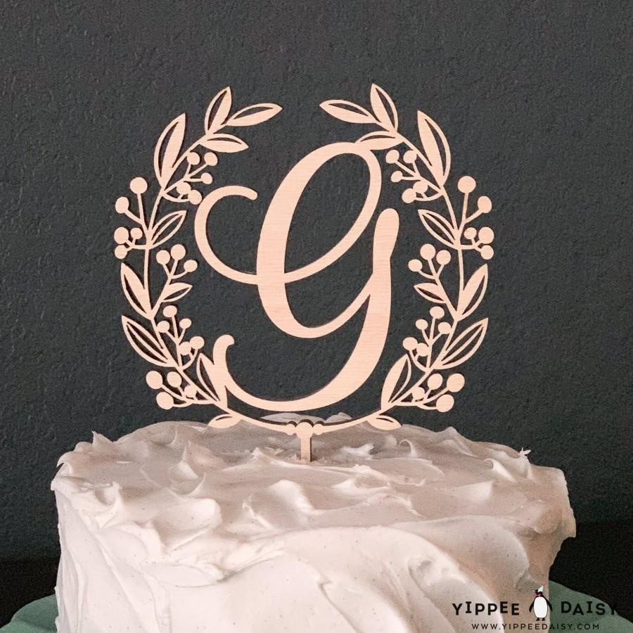 Wedding - Personalized Cake Topper, Custom Wreath Cake Topper, Laser Cut Wood Topper, Cursive Monogram Cake Topper, Rustic Wedding Cake Topper