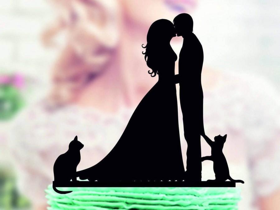 زفاف - Wedding cake topper with  Cat , Silhouette Groom and Bride, Acrylic Cake Topper, Silhouette cake topper with two cats, family cake topper