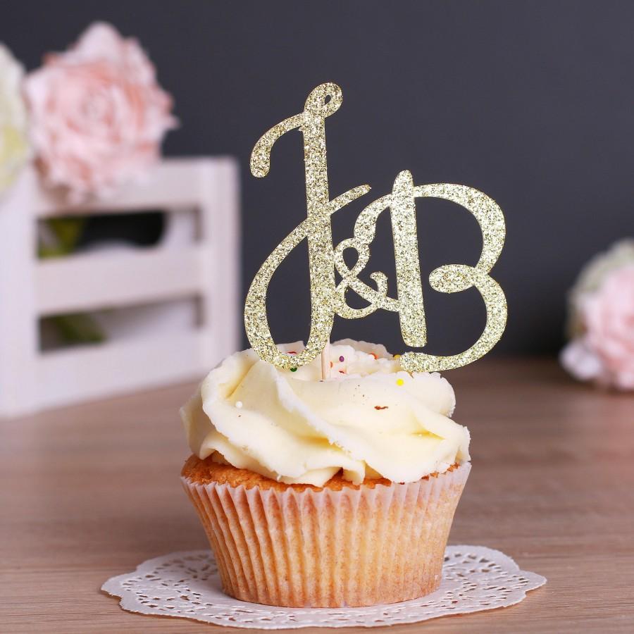 Wedding - Wedding Initial Cupcake Topper in Gold with Elegant Script Two Letter Wedding Topper Monogram Custom Letter Bridal Shower