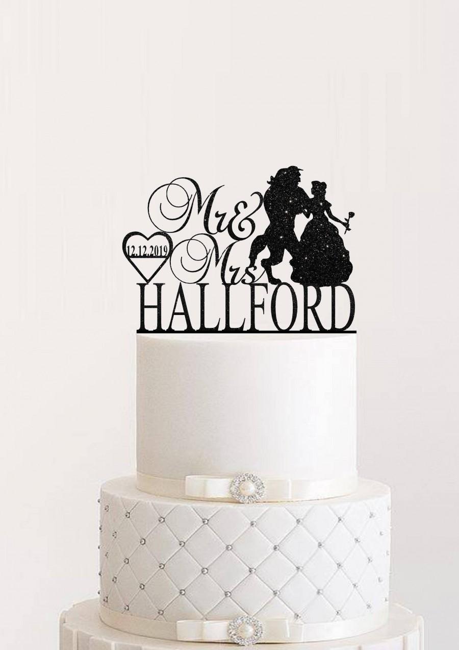 Hochzeit - Beauty And Beast Wedding Cake Topper Mr & Mrs  With Last Name Disney Style Cake Topper Custom Glitter Rose Gold, Silver,