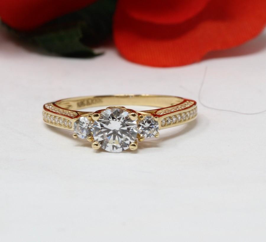 Свадьба - Past Present Future Solid 14K Yellow Gold 1.00 Ct Tw Simulated Diamond Pave Set Shank High Polish Wedding Engagement Promise Ring