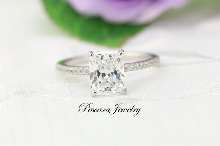 Hochzeit - Radiant Cut Engagement Ring - Solitaire Ring - Prong set engagement Ring - Silver Engagement Ring (3 Carat Center)
