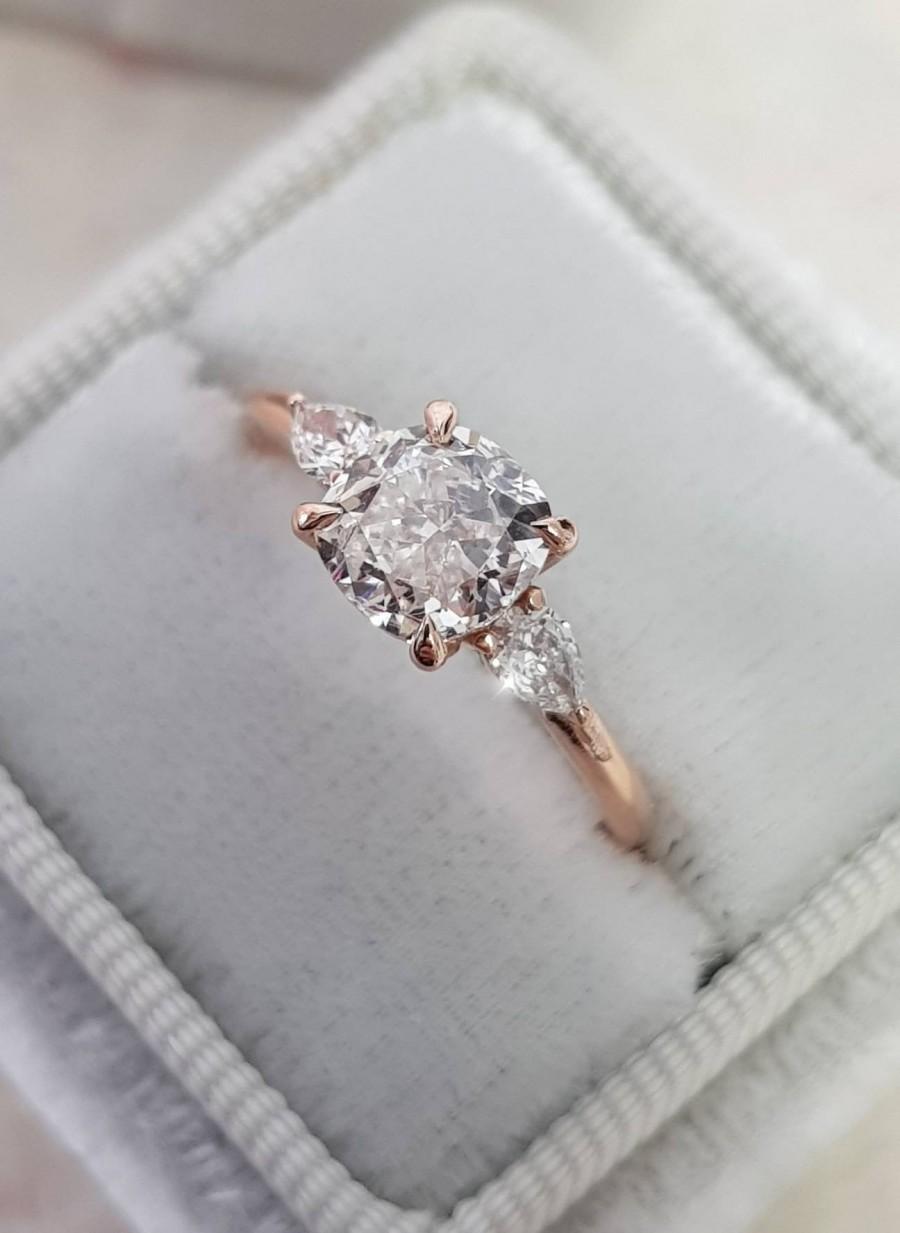 Wedding - Diamond Engagement Ring, 1.30 Carat Diamond Ring, Cushion Cut with 2 Pear Shape Diamonds, Engagement Ring, Rose Gold Ring, Anniversary Ring