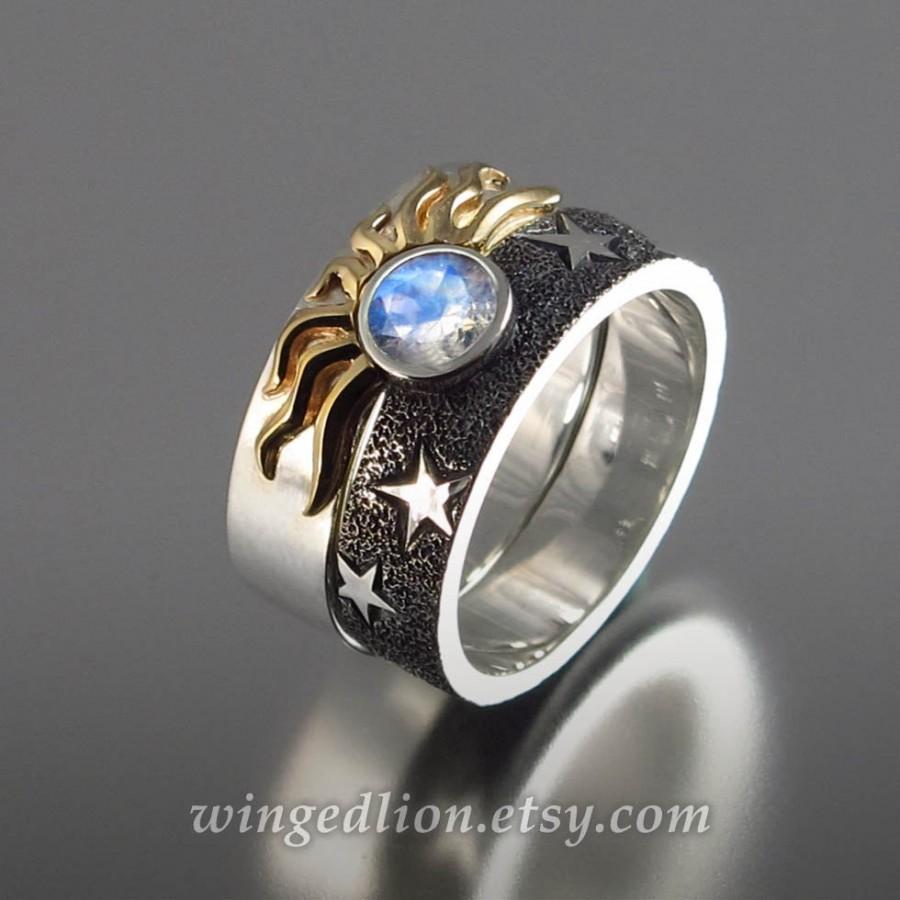 Wedding - SOLAR ECLIPSE Sun and Moon Engagement rings with Moonstone in sterling silver and 18k gold