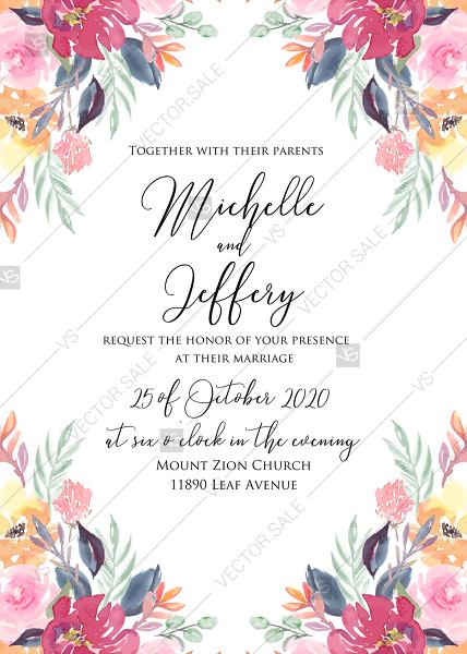 Hochzeit - Wedding invitation watercolor marriage marsala peony pink rose eucalyptus greenery 5x7 in pdf online editor