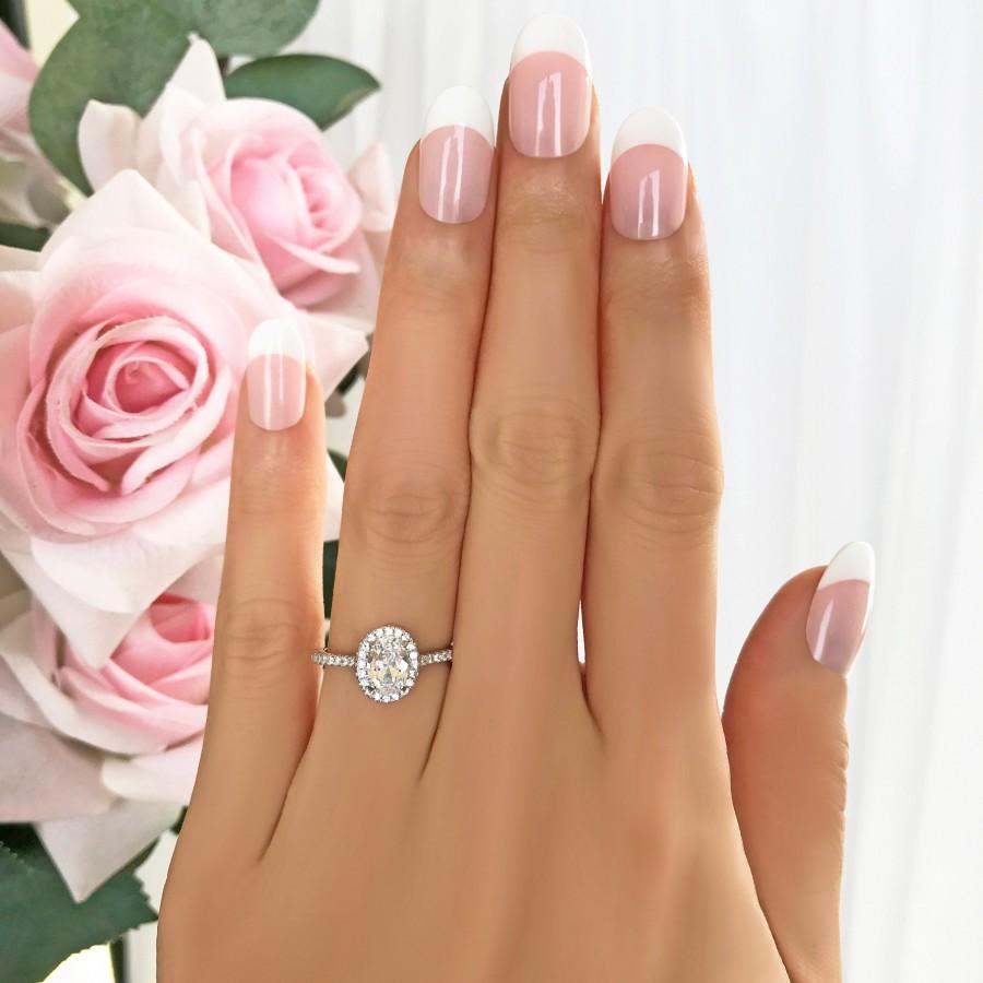 زفاف - 1 ctw Oval Halo Promise Ring, Halo Engagement Ring, Pave Wedding Ring, Man Made Diamond Simulants, Half Eternity Ring, Sterling Silver