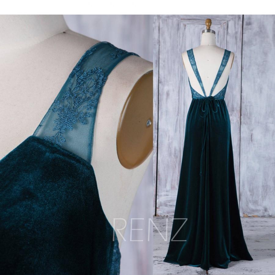 Hochzeit - Ink Blue Velvet Bridesmaid Dress Wedding Dress Lace Illusion Straps Mother of Bride Dress Deep V Neck Open Back A Line Evening Dress(HV427)