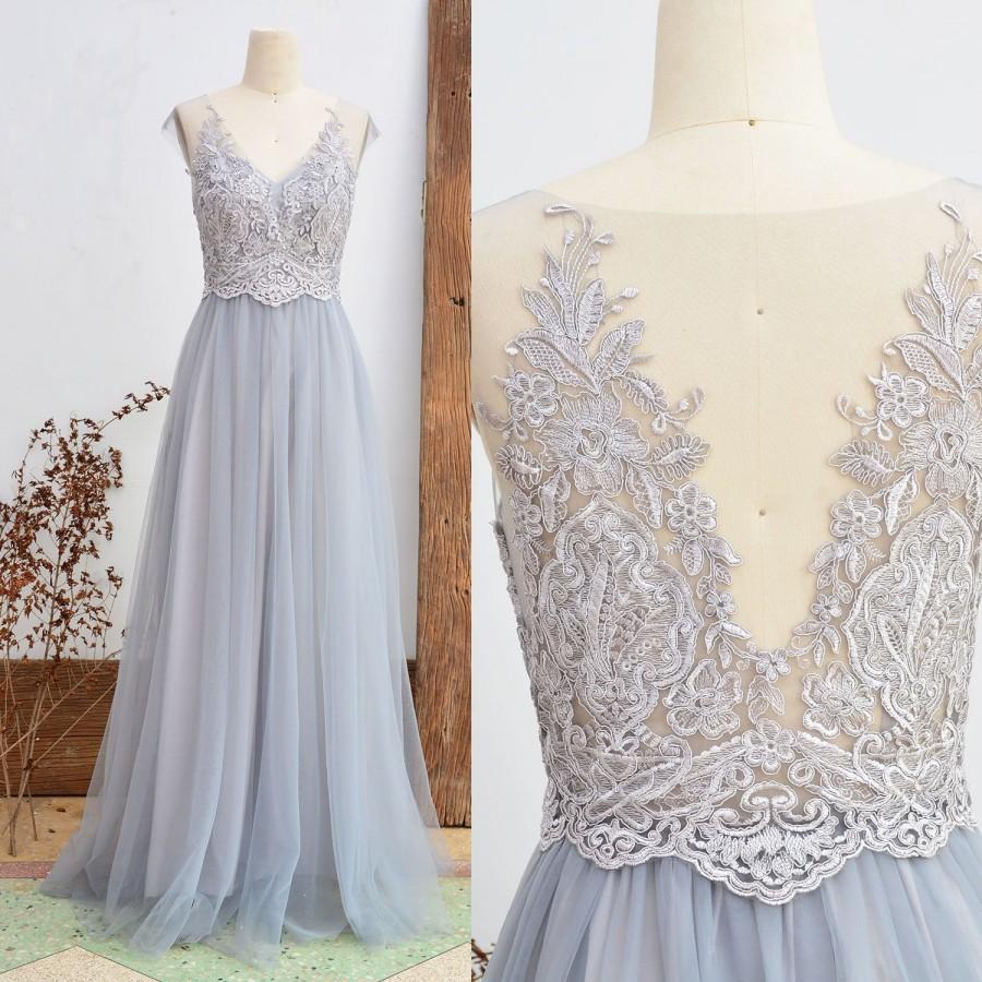 Hochzeit - Lace Bridesmaid Dress Dusty Grey Wedding Party Dress Vintage Tulle Women Dress Long Prom Dress 2018 A Line ETSY Floor Length Mesh Dress
