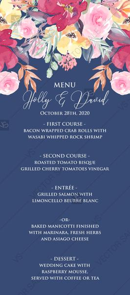 Wedding - Bridal shower invitation watercolor wedding marsala peony pink rose navy blue background 4x9 in pdf online maker
