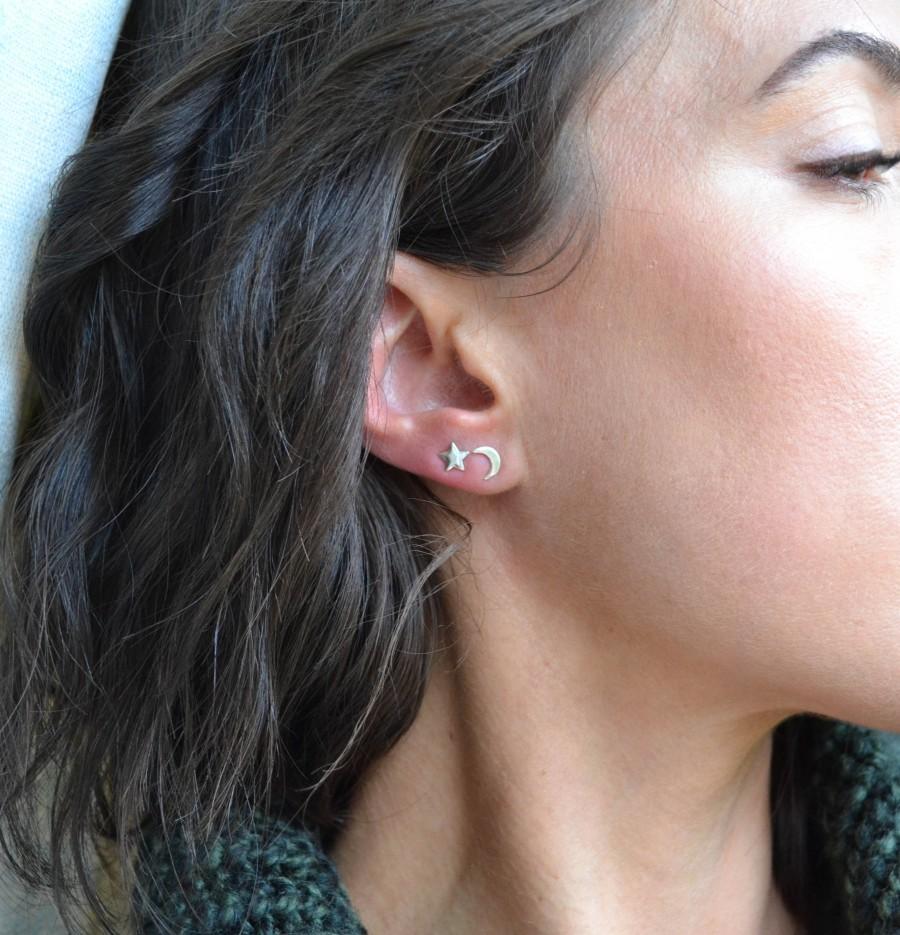 زفاف - Solid Sterling Silver Star and Moon Earrings, Second Hole Ball Earrings, Unisex Stud Earrings, Mens Studs, Silver Ball Earrings, Silver Stud
