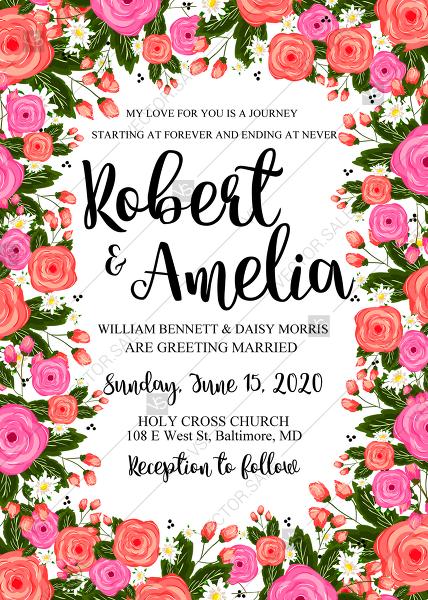 Mariage - Rose wedding invitation card printable template PDF template 5x7 in
