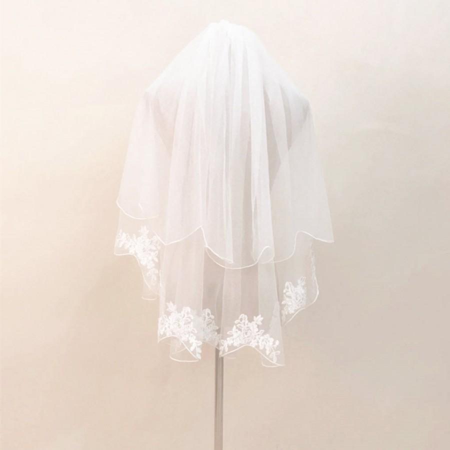 زفاف - Bridal Fingertip  Lace Veil with comb, Double 2 Layer Wedding Veil