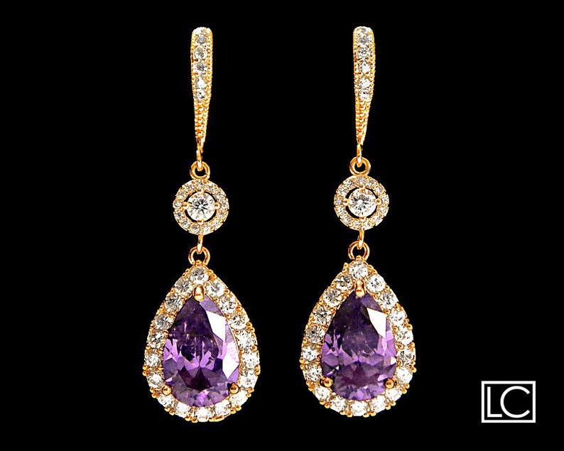 Hochzeit - Amethyst Cubic Zirconia Gold Earrings, Purple Gold Chandelier Earrings, Wedding Amethyst Teardrop Halo Earrings, Purple Bridal Jewelry