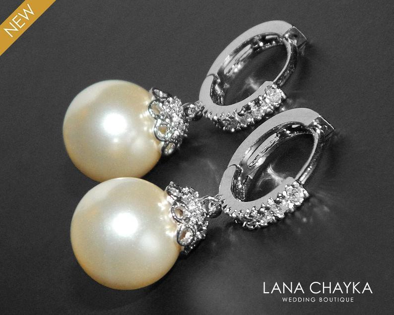 Wedding - Pearl Bridal Earrings, Ivory Pearl Hoop Earrings, Swarovski 10mm Pearl Silver Earrings, Pearl Drop Earrings, Bridal Jewelry, Bridesmaids