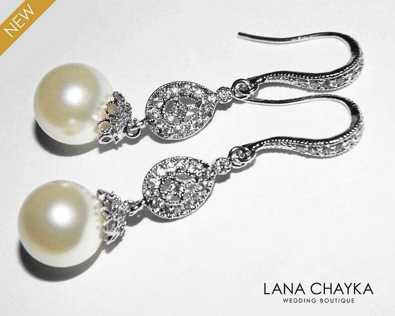 Hochzeit - Pearl Bridal Chandelier Earrings, Ivory Pearl Silver Earrings, Swarovski Pearl Wedding Earrings, Pearl Bridal Jewelry, Bridesmaids Earrings