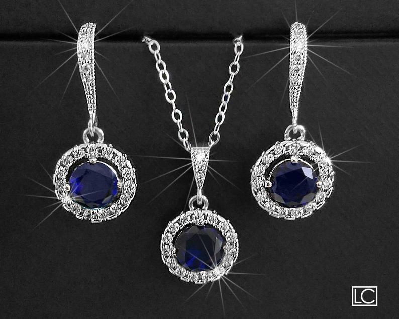 Свадьба - Navy Blue Halo Jewelry Bridal Set, Wedding Blue Silver Earrings&Necklace Set, Dark Blue Crystal Jewelry Set, Navy Blue Round Jewelry Set