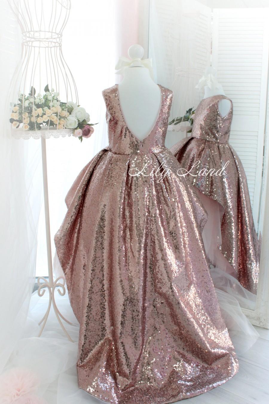 Wedding - Rose Gold sequin Girl dress with train tutu dress girls dress for baby dress with sparkling tutu dress toddler tulle size 6 9 12 18 24 month