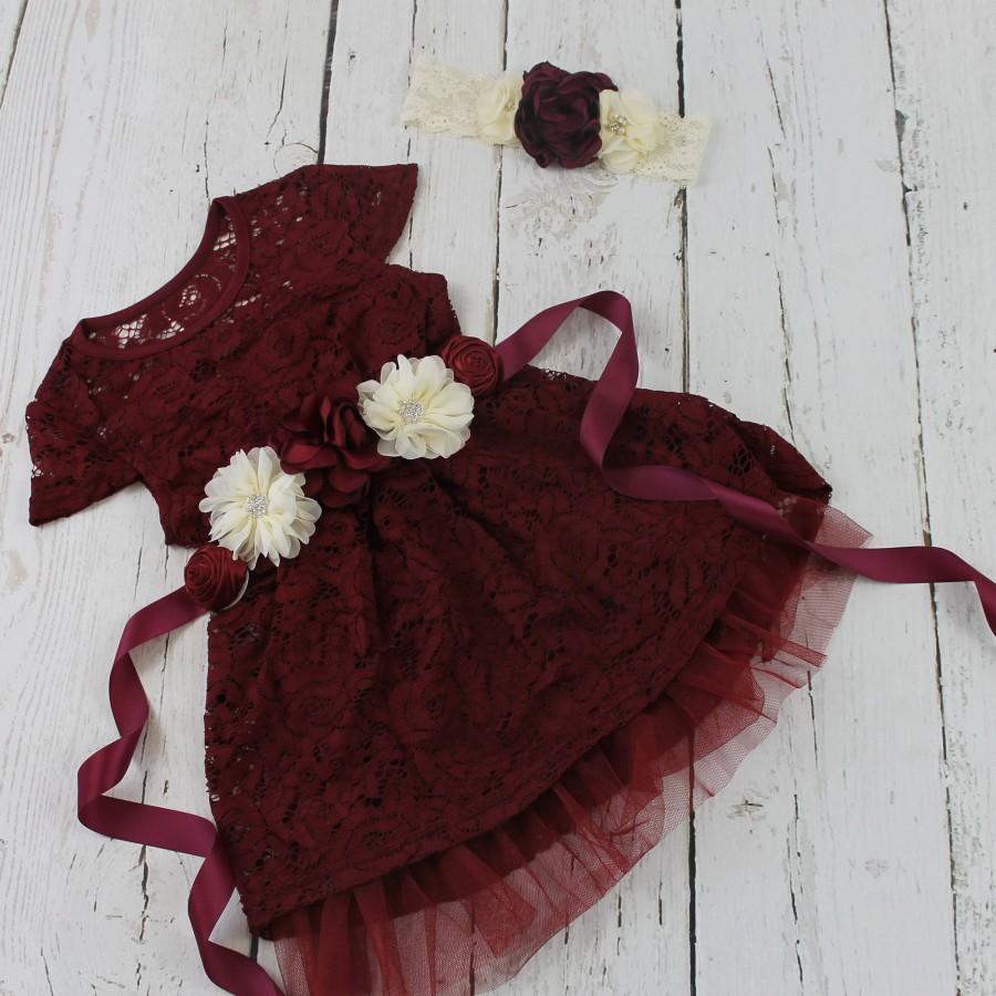 Wedding - Burgundy Flower Girl Dress Rustic Flower Girl Dress Burgundy Lace Dress Sash & Headband