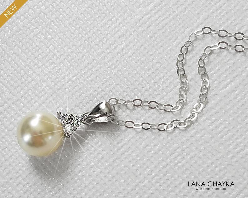 Свадьба - Pearl Drop Sterling Silver Bridal Necklace, Swarovski 8mm Ivory Pearl Necklace, Single Pearl Dainty Wedding Necklace, Pearl Bridal Jewelry
