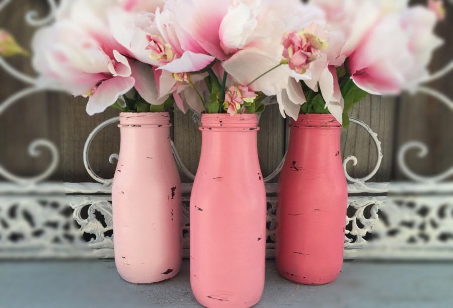 Mariage - 3 Shabby Chic Painted Pink Ombre Glass Milk Bottles Flower Bud Vase Centerpiece Wedding Reception Shower Table Decor Sweet Vintage Designs