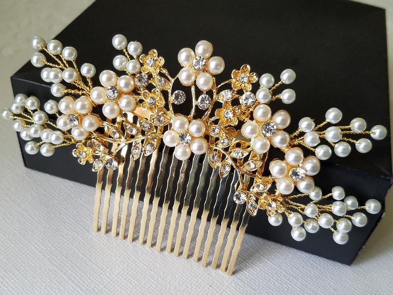 Свадьба - Pearl Gold Bridal Hair Comb, Wedding White Pearl Hair Piece, Bridal Pearl Floral Headpiece, Pearl Gold Hair Jewelry, Gold Bridal Hair Piece
