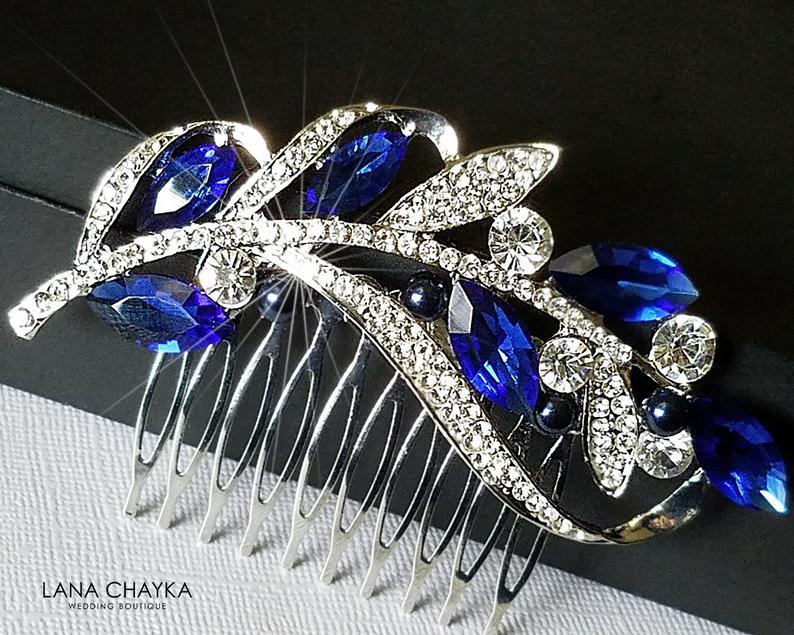 Hochzeit - Royal Blue Bridal Hair Comb, Sapphire Silver Rhinestone Hair Piece, Wedding Cobalt Blue Crystal Headpiece Bridal Navy Blue Floral Hair Piece