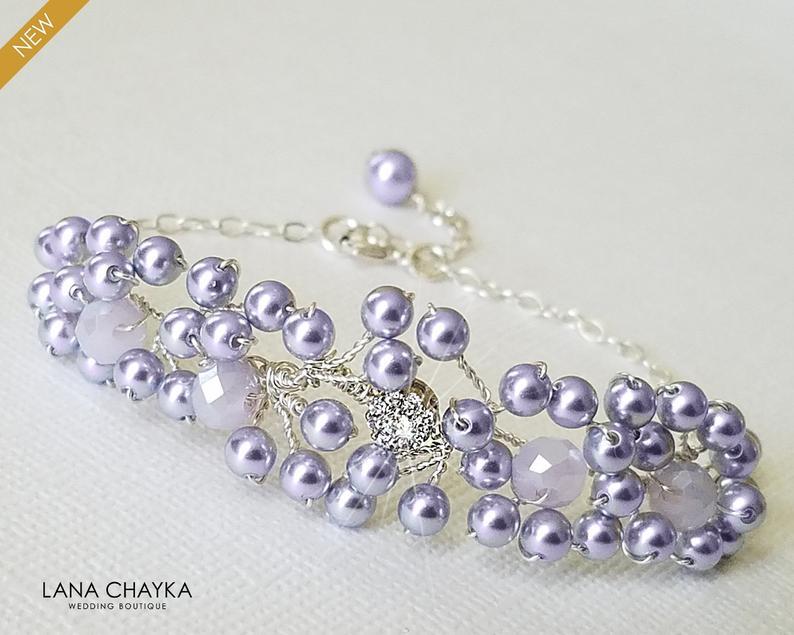 زفاف - Lavender Pearl Bridal Bracelet, Swarovski Lavender Pearl Bracelet, Lilac Floral Bracelet, Bridal Lavender Bracelet, Wedding Lavender Jewelry