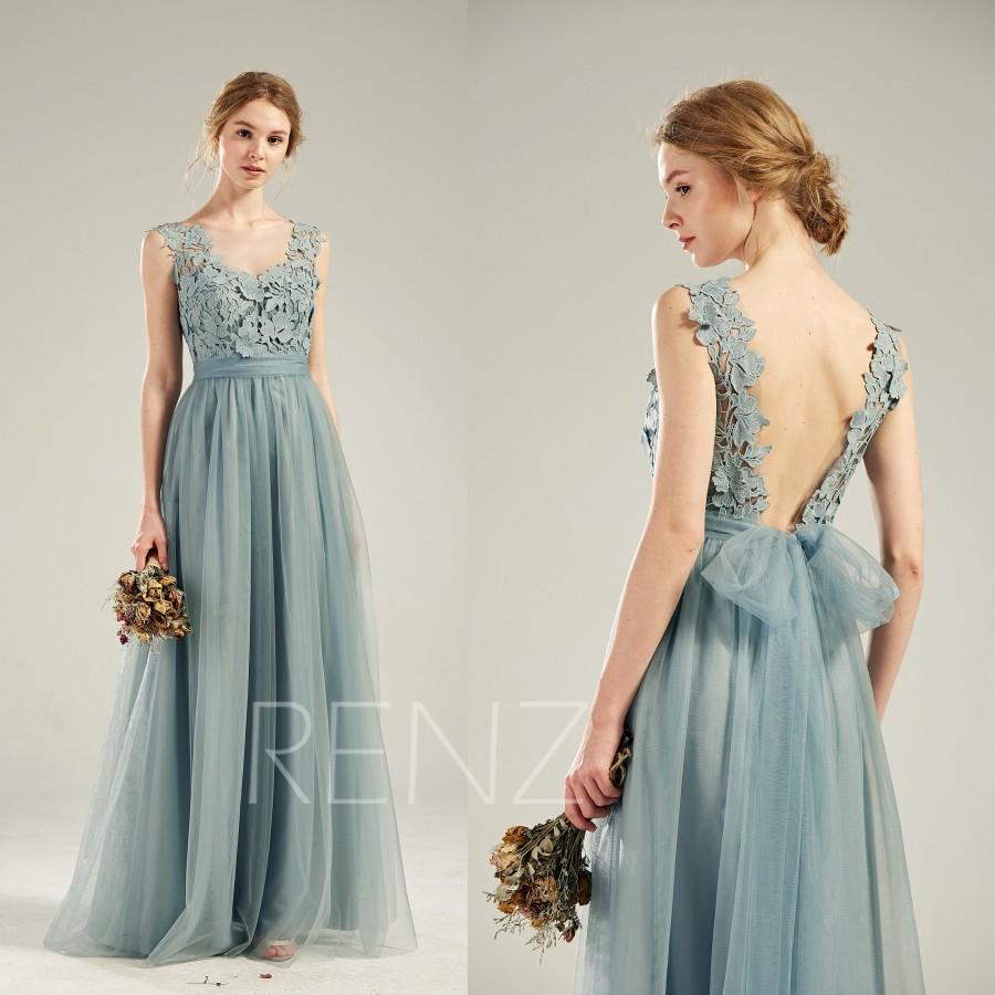 Mariage - Bridesmaid Dress Dusty Blue Tulle Wedding Dress Lace Open Back Prom Dress Long Sash Illusion Boat Neck A-Line Sleeveless Party Dress(LS630)