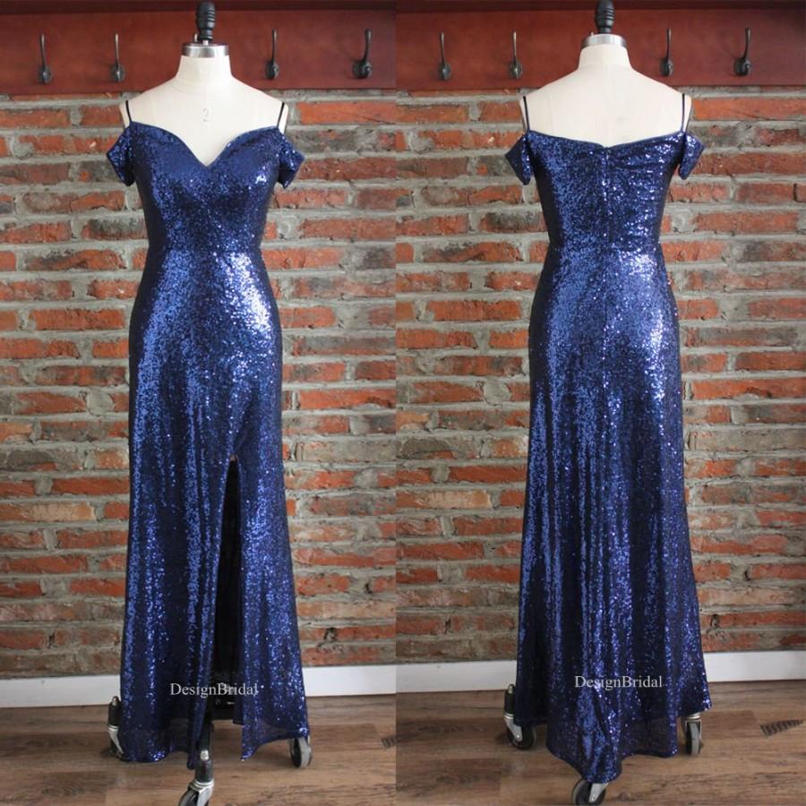 Hochzeit - Navy Blue Bridesmaid Dress Sequin, Slip Dress with Cold Shoulders, Thin Straps Summer Prom Dress, Wrap Style Dress, Slit Bridesmaid Dress
