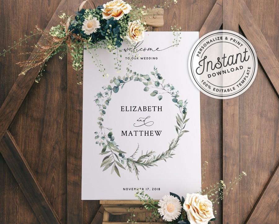 Hochzeit - Boho Wreath Printable Wedding Welcome Sign with Eucalyptus Greenery (16x20, 18x24, 20x30, 24x36) • INSTANT DOWNLOAD • Editable Template #023
