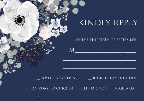Hochzeit - Wedding rsvp invitation set white anemone flower card template on navy blue background PDF 5x3.5 in PDF maker