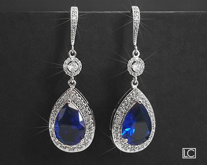 Свадьба - Navy Blue Crystal Earrings, Sapphire Blue Cubic Zirconia Earrings, Blue Silver Teardrop Earrings, Blue Chandelier Dangle Wedding Earrings