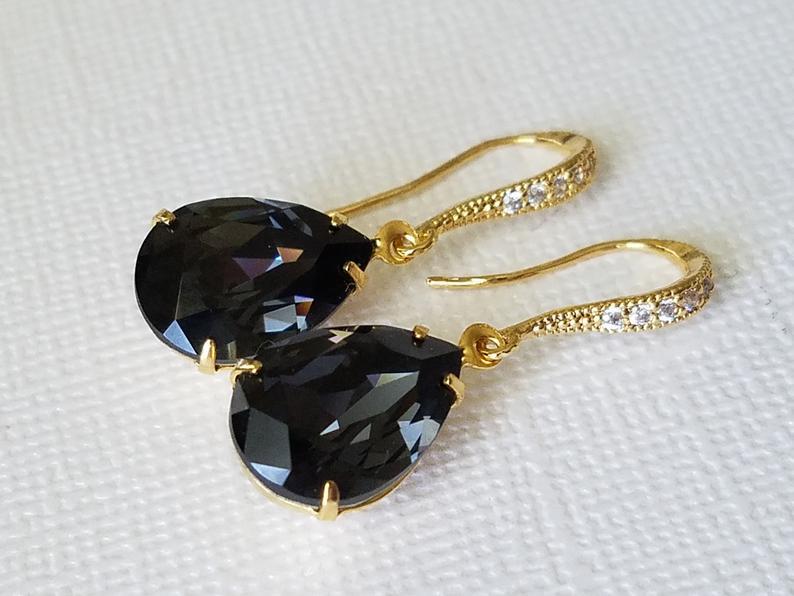 زفاف - Dark Grey Gold Crystal Earrings, Swarovski Graphite Teardrop Earrings, Wedding Gray Jewelry, Charcoal Gold Rhinestone Bridesmaids Earrings