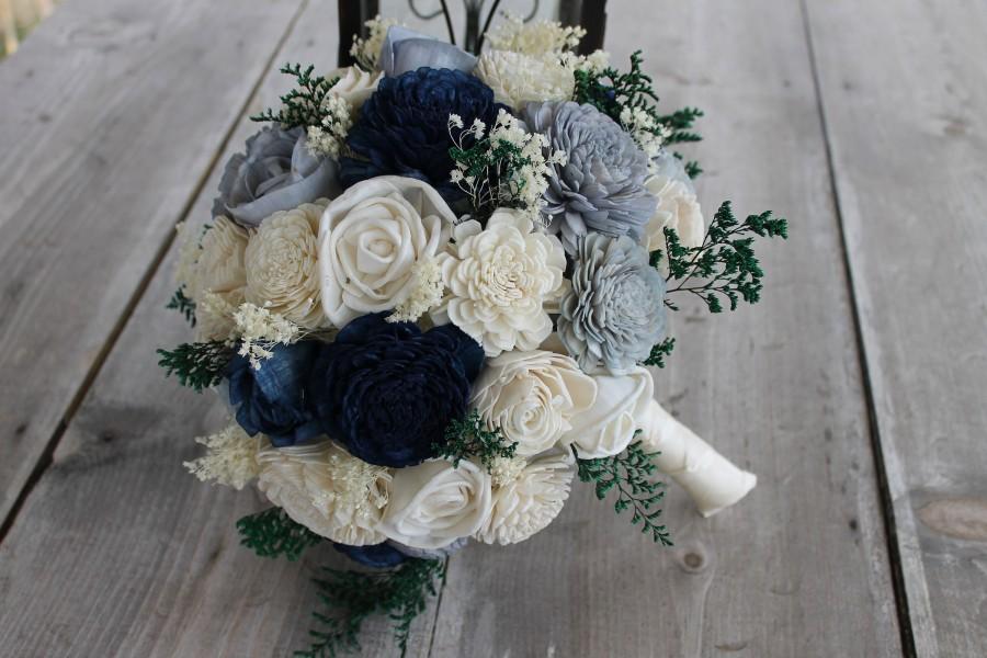 زفاف - Slate Blue, Sapphire, & Ivory Sola Flower Bouquet, Sapphire Wedding Bouquet, Slate Blue Wedding Bouquet, Blue Sola Bouquet, Wood Flowers