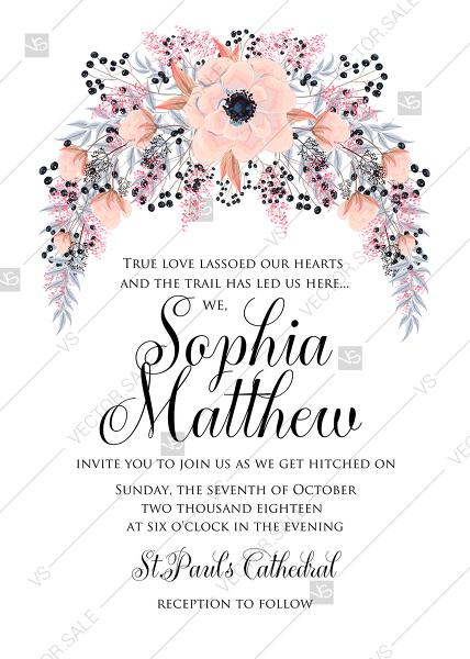 Wedding - Anemone wedding invitation card printable template blush pink watercolor flower PDF 5x7 in edit template