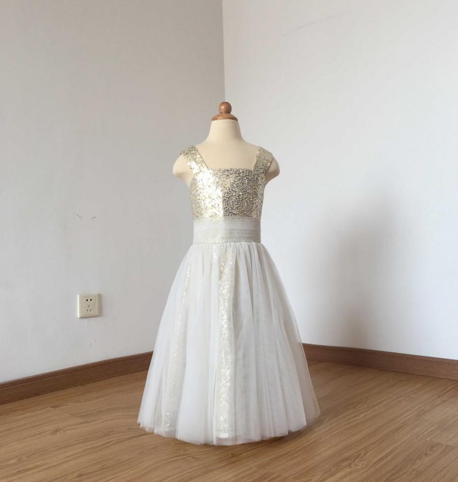 Wedding - Gold/Silver Sequin Mix Straps Ivory Tulle Floor-length Flower Girl Dress