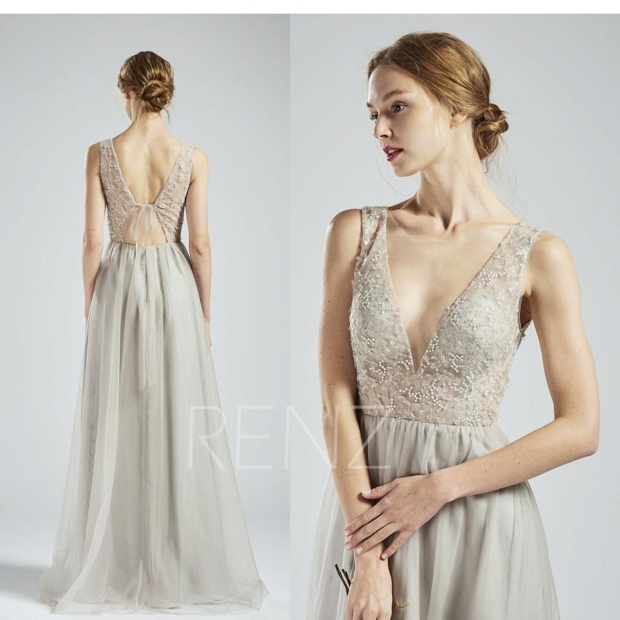 Hochzeit - Pale Gray Tulle Bridesmaid Dress Wedding Dress Deep V Neck Maxi Dress Sexy Sleeveless Party Dress Illusion Open Back A-line Prom Dress-HS737