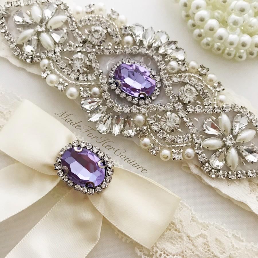 Hochzeit - Lavender Wedding Garter Set, Lavender Bridal Garter Set, Light Purple Garter Set, Crystal Pearl Garter, Vintage Garter, Lilac Garter Set