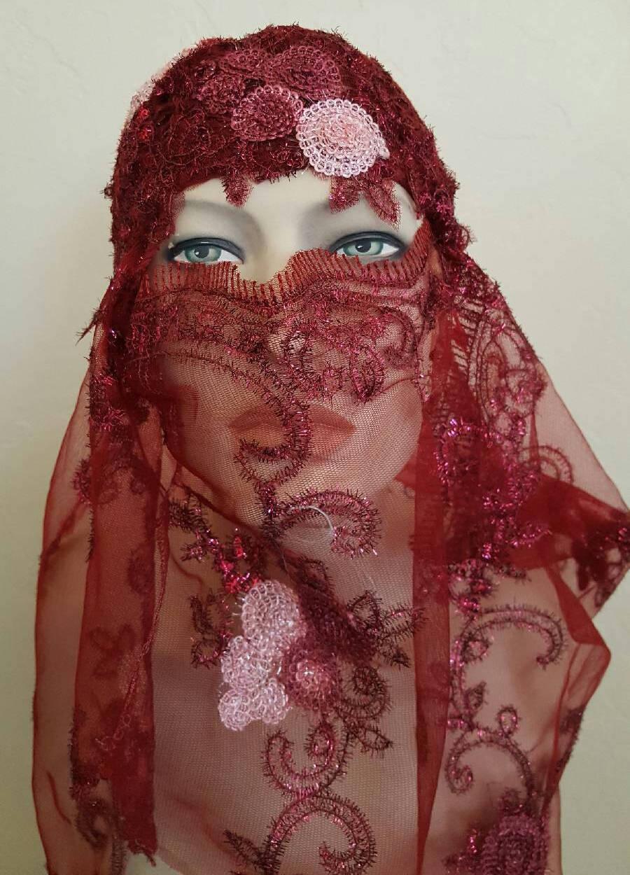 Свадьба - Vintage Inspired Merlot Burgundy Gatsby Rose Waterfall Beaded Crochet Flapper Bridal Wedding Headpiece & Veil Headdress Set Costume Party