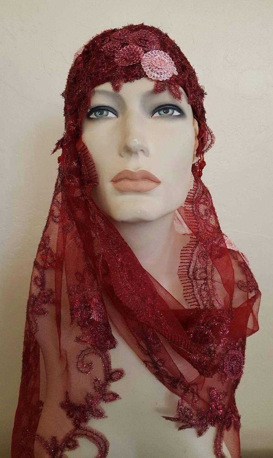 Mariage - Vintage Inspired Merlot Burgundy Gatsby Rose Waterfall Beaded Crochet Flapper Bridal Wedding Headpiece & Veil Headdress Set Costume Party